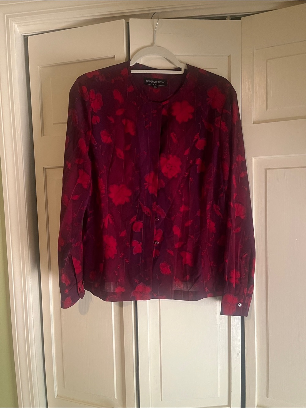 Kasper Red and Burgundy Floral Button-Down Blouse